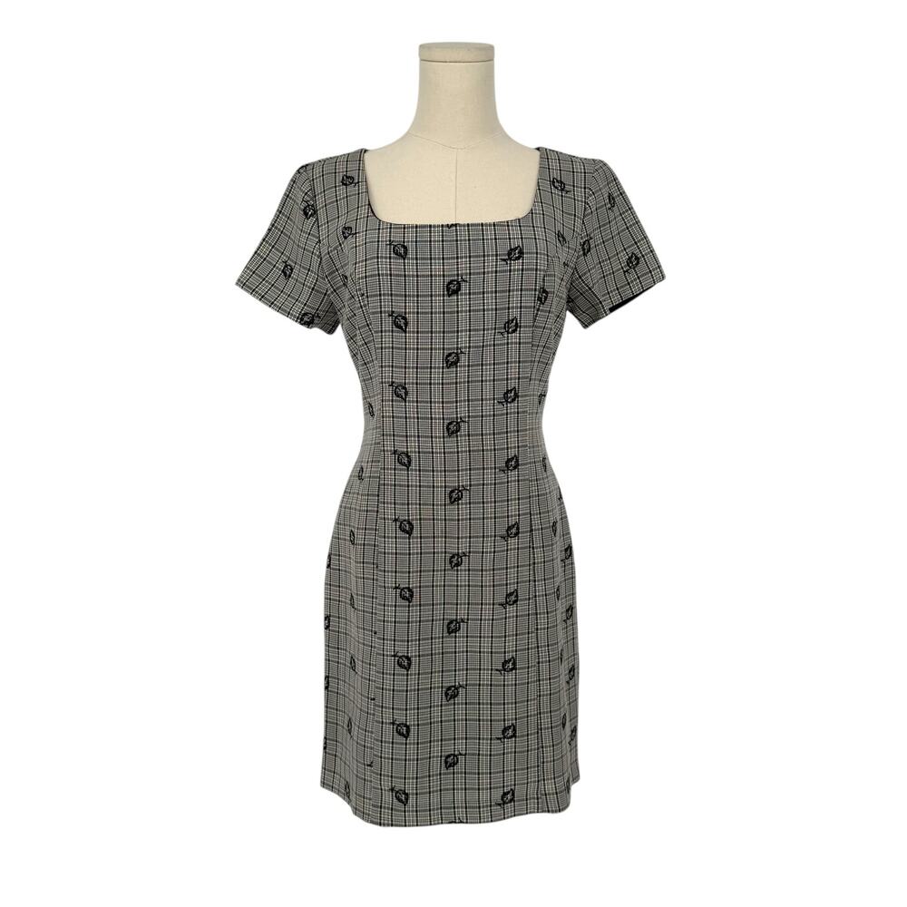 Vintage 1990s Tabloid Plaid Office Siren Square Neck Embroidered Mini Dress Sz 6